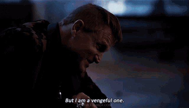 a man in a robe is saying " but i am a vengeful one "