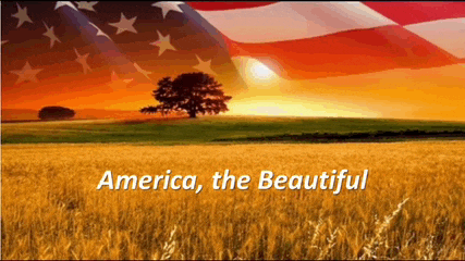 an american flag is flying over a field with the words america the beautiful