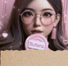 a woman wearing glasses is holding a pink item that says ' sutera ' on it .