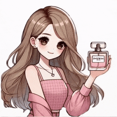 a girl in a pink dress is holding a bottle of perfume with the word yummy on it
