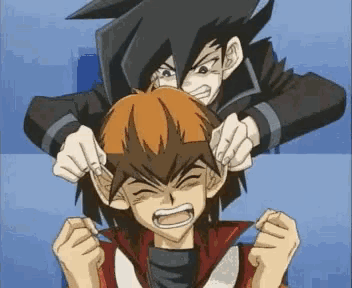 a cartoon of a man holding another man 's head with his fist .