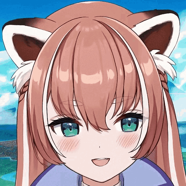 a close up of a girl 's face with a fox ear