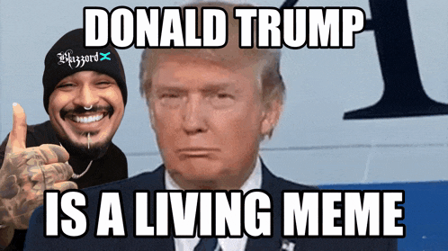 donald trump is a living meme with a man smiling in the background