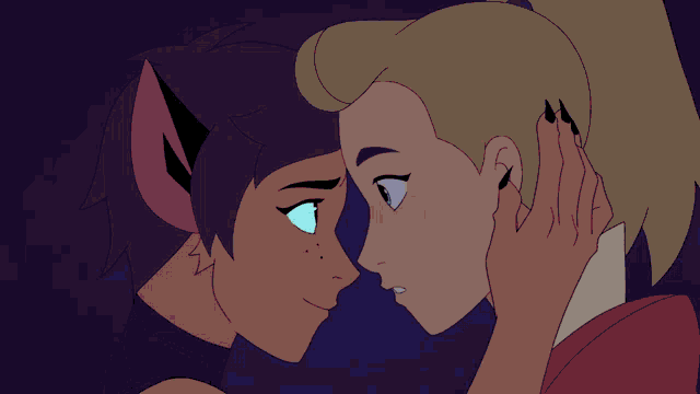 a couple of cartoon characters touching each other 's foreheads