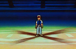 a cartoon character is standing in a circle with a blue sky in the background