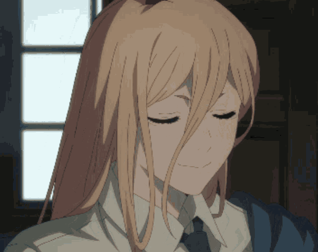 a close up of a blonde anime character with closed eyes