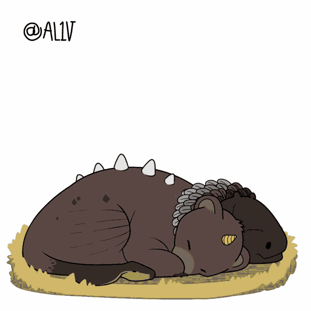 a cartoon drawing of a dinosaur sleeping with the letters n and z visible