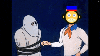 a cartoon character with a monkey face on his head is standing next to a ghost
