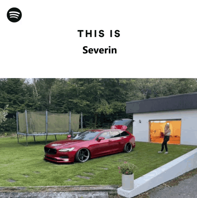 a red car is parked in front of a house with the words " this is severin " on the bottom