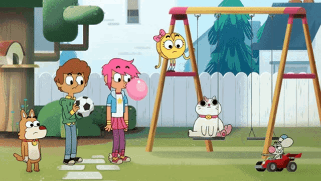 a cartoon shows a girl blowing bubble gum and a boy holding a soccer ball