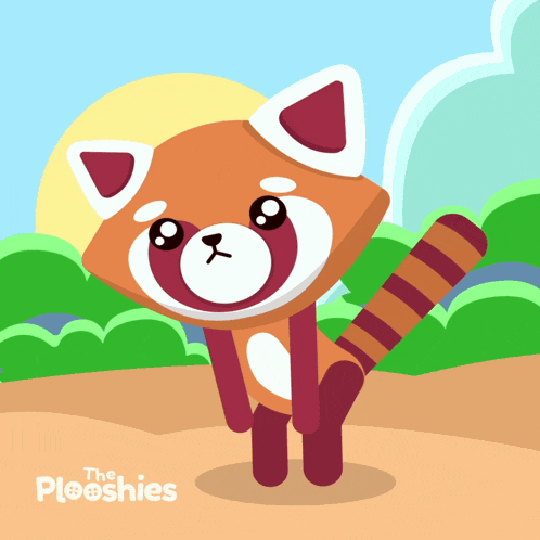 a cartoon drawing of a red panda with the words " the plooshies " below it