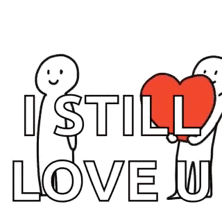a couple of stick figures holding a red heart with the words `` i still love u '' written on it .