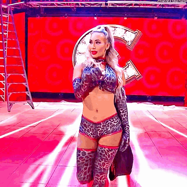 a woman in a leopard print outfit is walking on a stage in front of a large c .