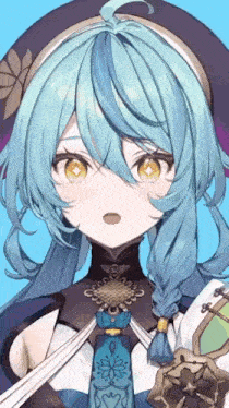 a close up of a girl with blue hair and yellow eyes wearing a hat .