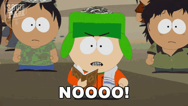 a cartoon character with a green hat says noooo