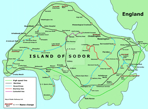 a map of the island of sodor shows the high speed lines
