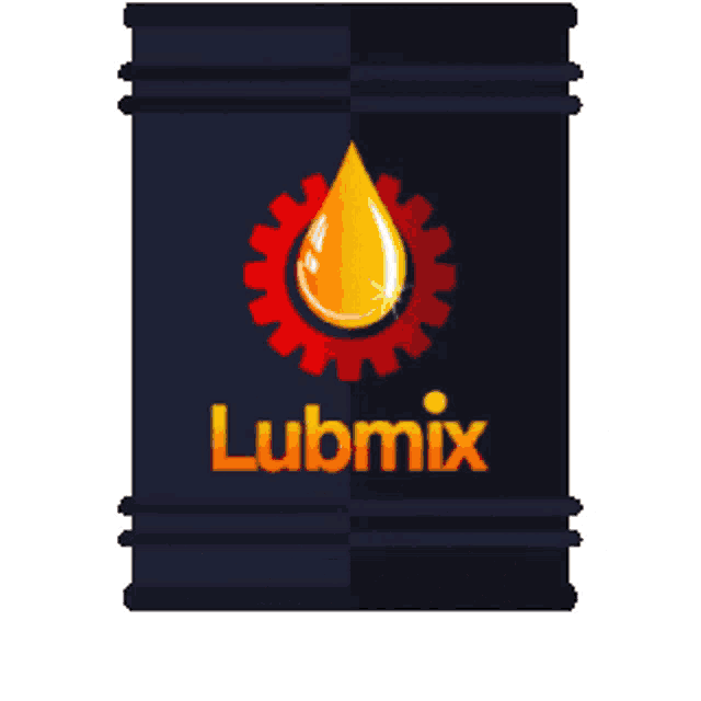 a black barrel with a yellow drop of oil and the word lubmix on it