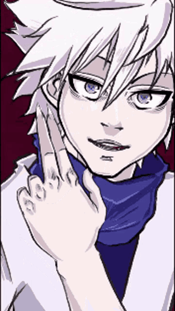 a drawing of a person with white hair and blue eyes giving the middle finger