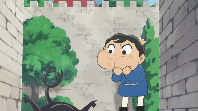 a cartoon character with a crown on his head is standing next to a brick wall