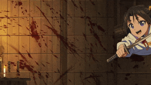 a girl is holding a sword in front of a bloody wall with chinese writing on it