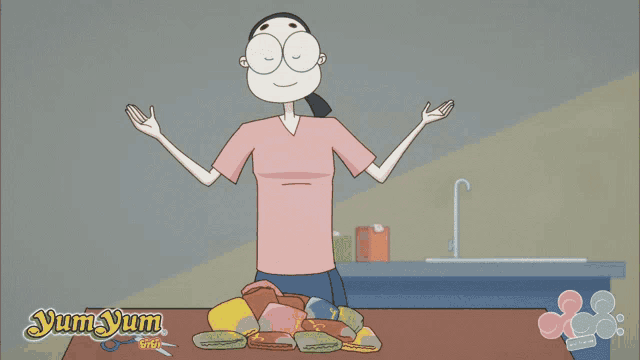 a cartoon of a woman sitting at a table with yum yum written on the bottom right