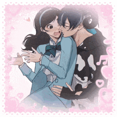 a drawing of a boy kissing a girl with hearts and music notes around them