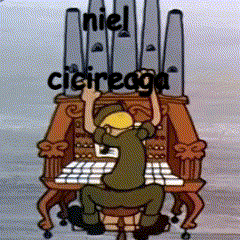 a cartoon of a man playing an organ with the words niel cieiregga written above him
