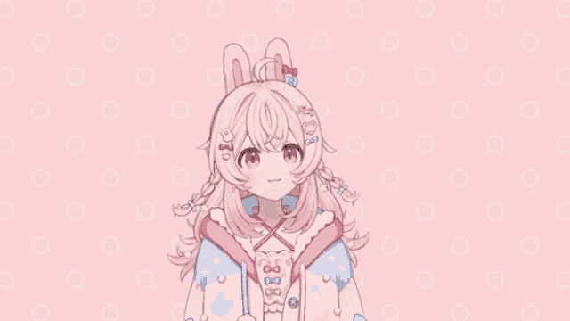 a girl with pink hair and a bunny ear looks at the camera