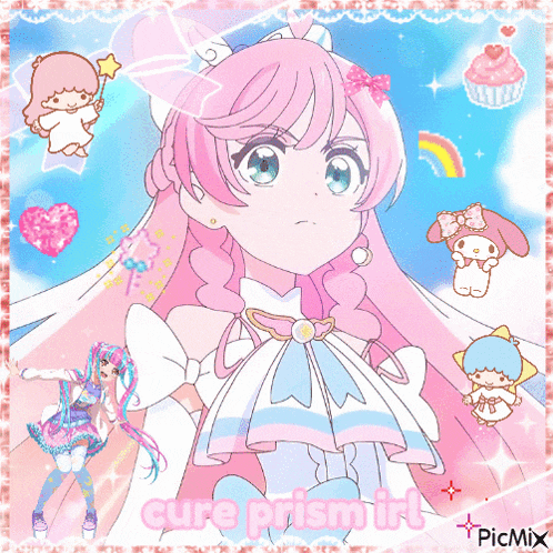 a picture of a girl with pink hair and the words cure prism irt on the bottom