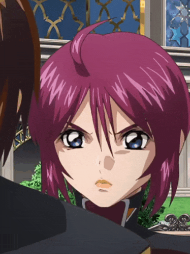 a girl with purple hair and blue eyes looks angry