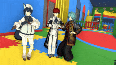 three anime characters are standing in a colorful room