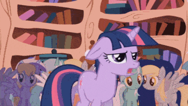 twilight sparkle from my little pony stands in front of a bookshelf with other ponies
