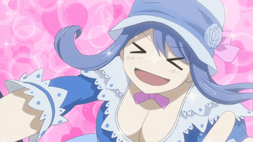 a girl with blue hair is wearing a blue hat and a blue dress