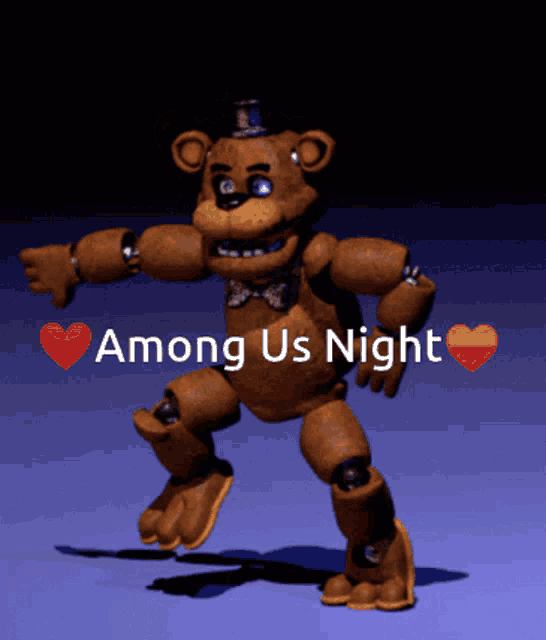 a brown teddy bear dancing with the words " among us night "