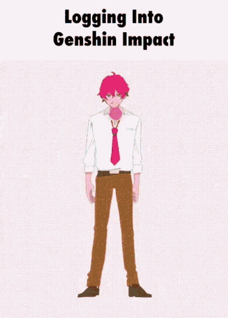 a cartoon of a person with red hair and the words logging into genshin impact