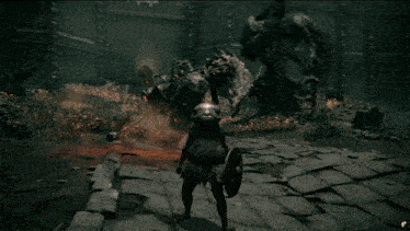 a video game character is fighting a monster with a shield and a sword