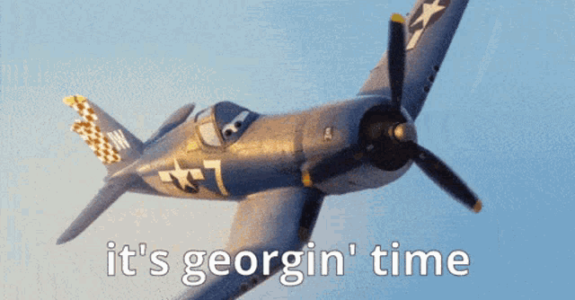 a picture of a plane with the words it 's georgin ' time on the bottom
