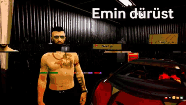 a man with a tattoo on his chest is standing in front of a red car with the word emin written on the bottom
