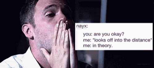a man is covering his mouth with his hands and a text box says nayx