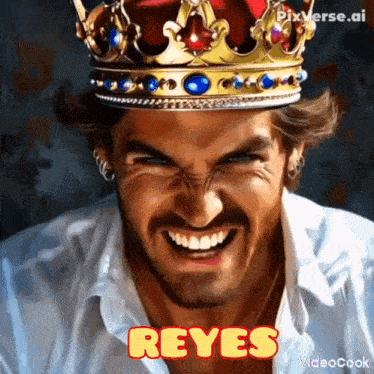 a man wearing a crown with the word reyes on it .