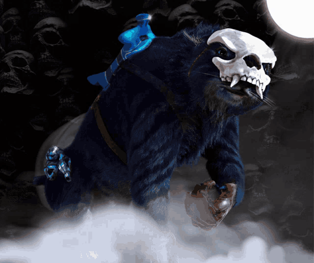 a bear with a skull on its head and a blue item on its back