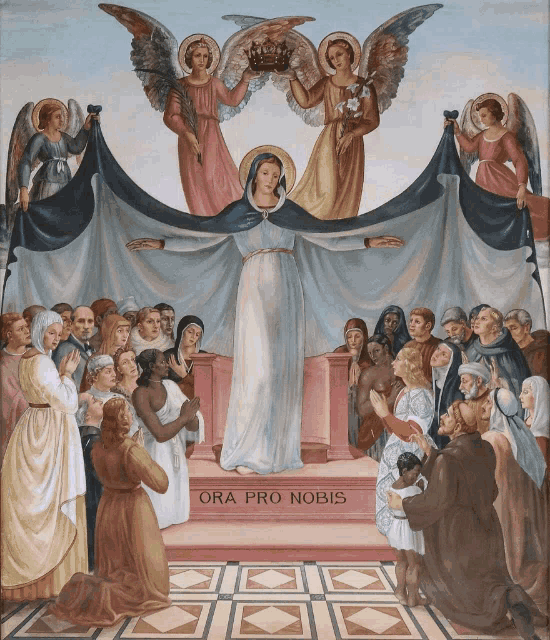 a painting of a woman holding a crown and the words ora pro nobis below her