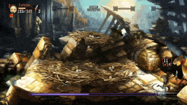 a screenshot of a video game shows a bird nest with eggs and the character caffette