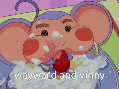 a cartoon girl with pink hair is smiling with the words wayward and vinny above her