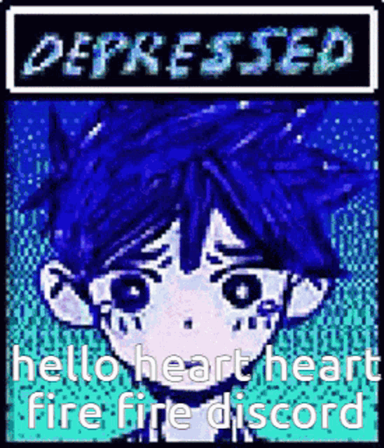 a pixel art drawing of a boy with blue hair and the words depressed hello heart heart fire fire discord .