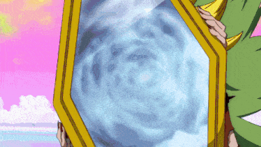 a cartoon character is holding a mirror with a blue swirl on it