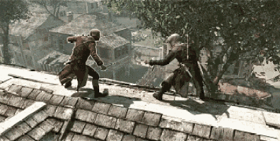 two men are fighting on the roof of a building .