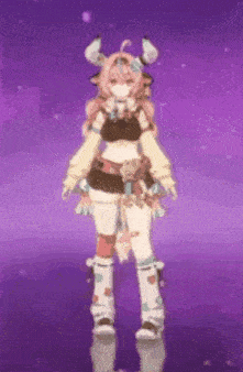 a girl with horns on her head is standing in front of a purple background .