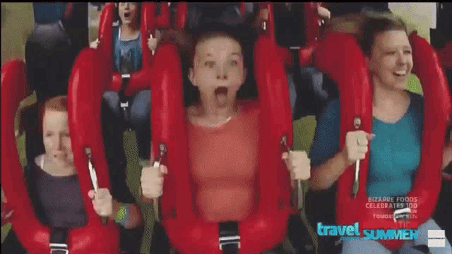a group of people are riding a roller coaster with travel summer on the bottom