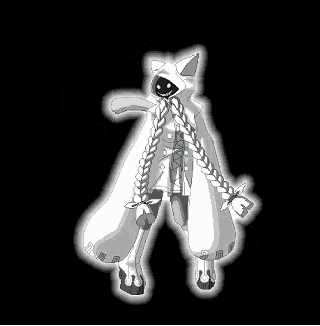 a black and white drawing of a cat with a braid